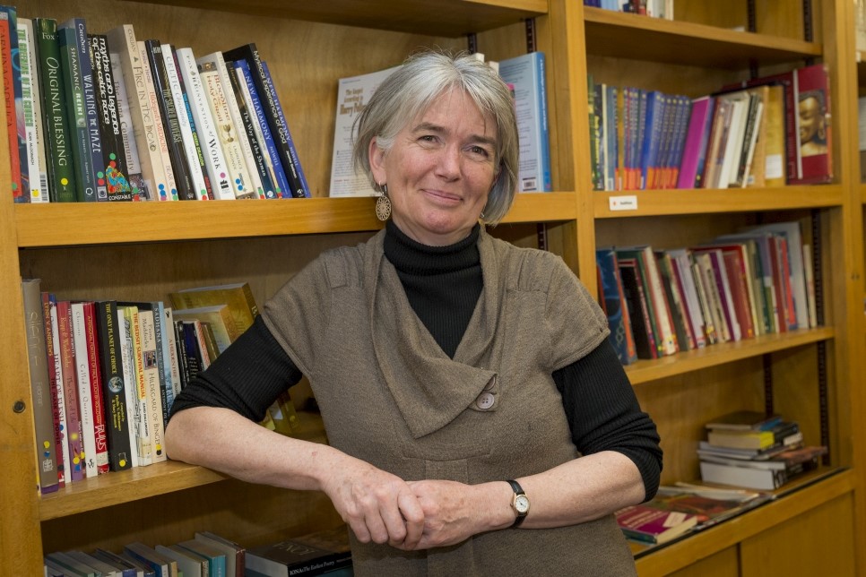 Photograph of Revd Ali Newell in the resource area in The Chaplaincy Centre.