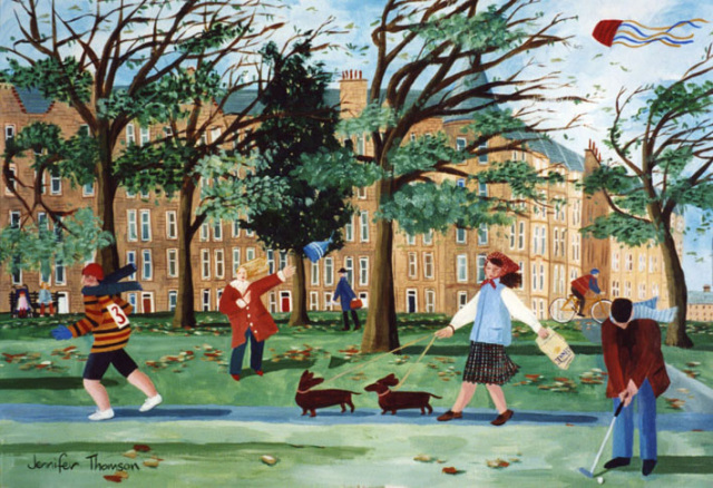 A drawing of a the Meadows. In the drawing there are flats in the background with trees in front of them blowing in the wind. There is a woman walking two dogs, a man out running, a man cycling, a man playing golf and a woman is trying to catch her hat that has blown away.